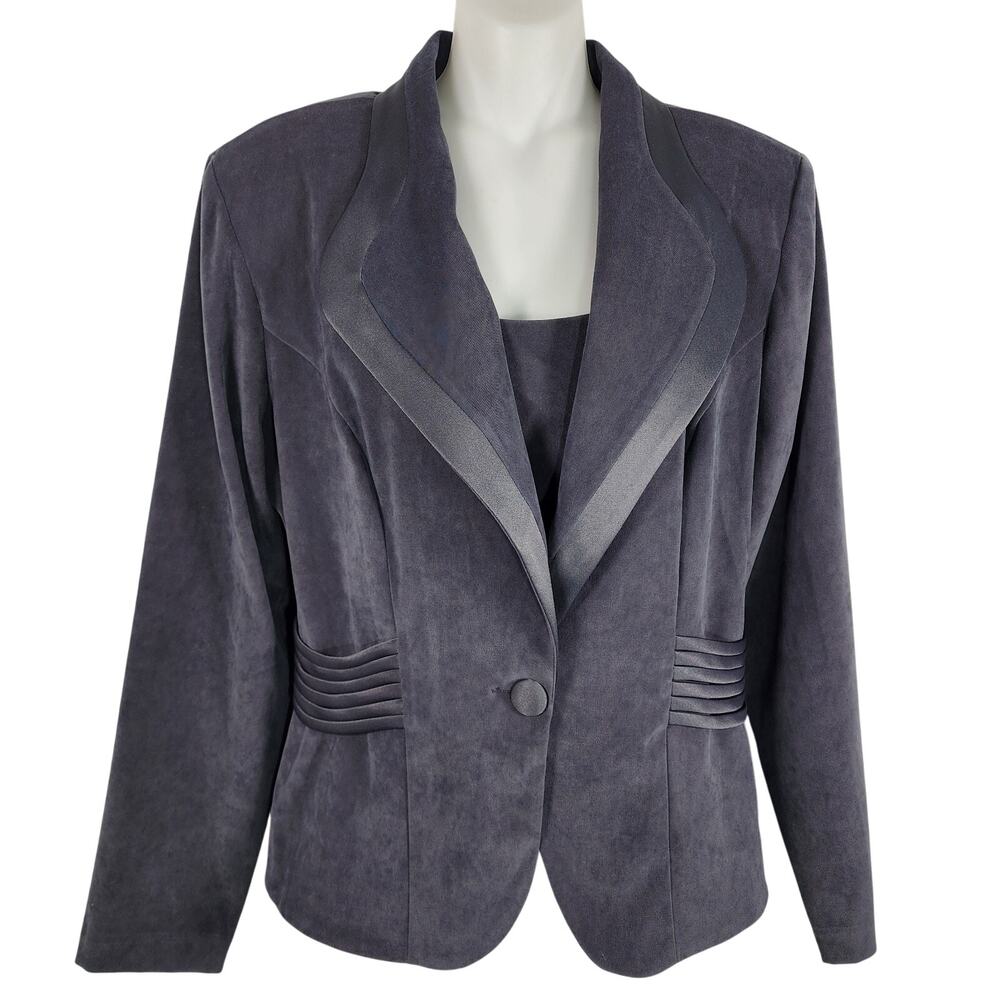 Vintage Sheri Martin Womens Blazer Jacket Gray One Button Suede Satin Career 14